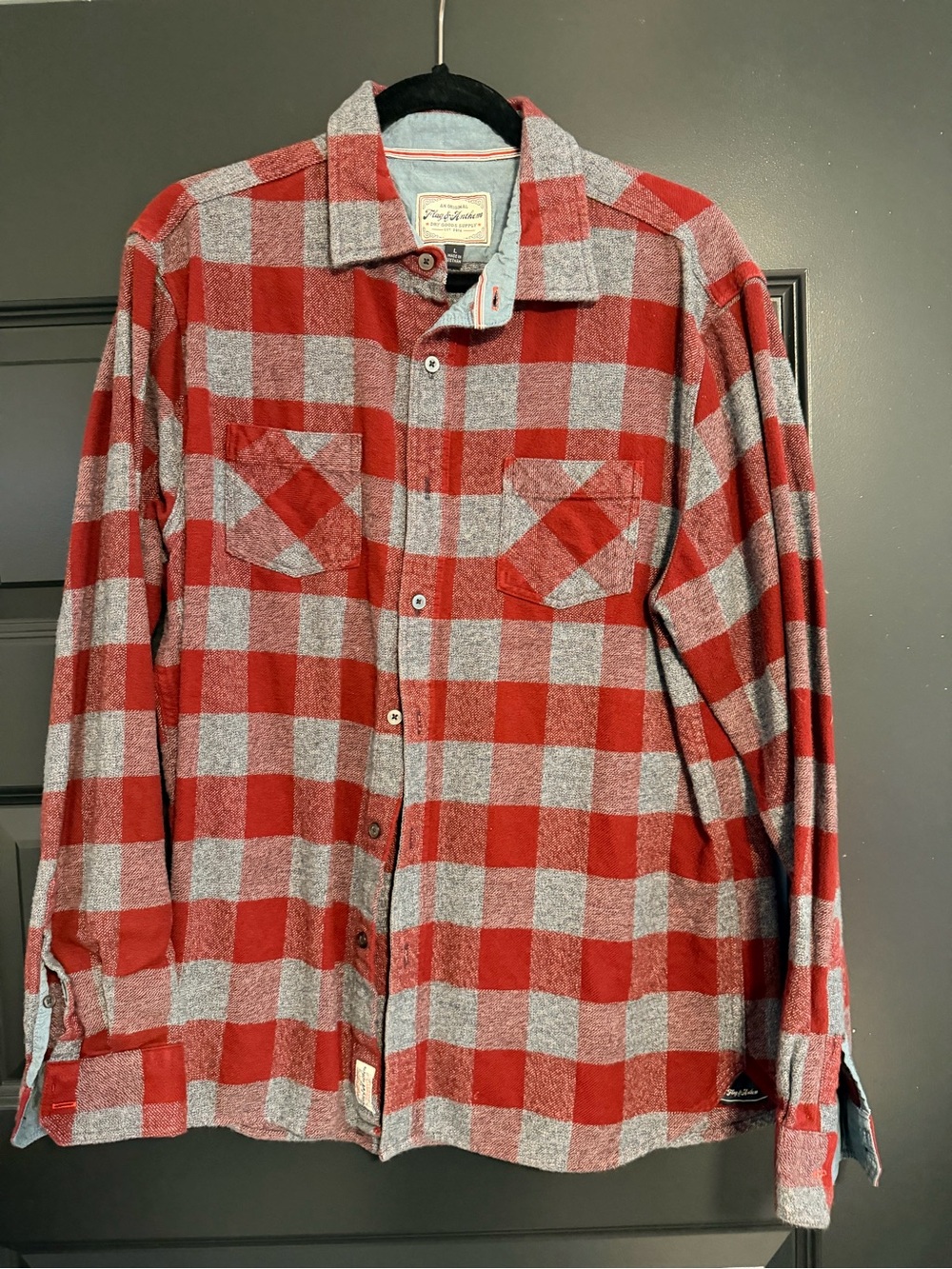 Men's Red and BlueGray Plaid Button-Up Shirt